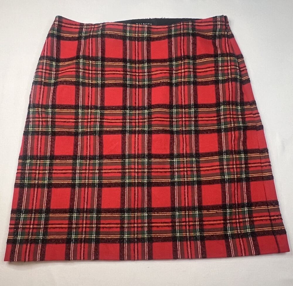 Talbots Women's Red Black Plaid Tweed Lined A-Line Short Skirt Zip Size 8